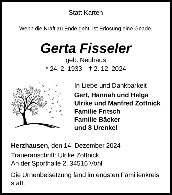 Traueranzeige von Gerta Fisseler von WLZ