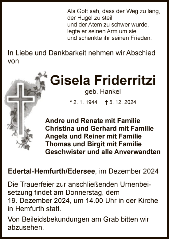 Traueranzeige von Gisela Friderritzi von WLZ