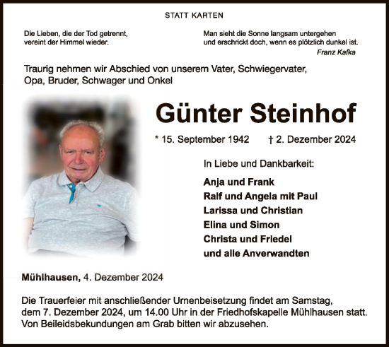 Traueranzeige von Günter Steinhof von WLZ