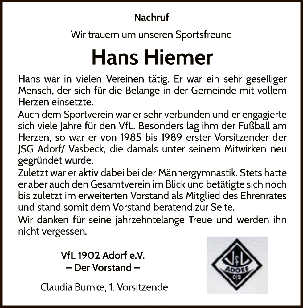  Traueranzeige für Hans Hiemer vom 04.12.2024 aus WLZ