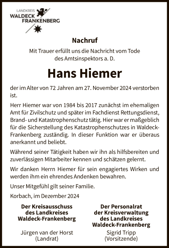 Traueranzeige von Hans Hiemer von WLZ