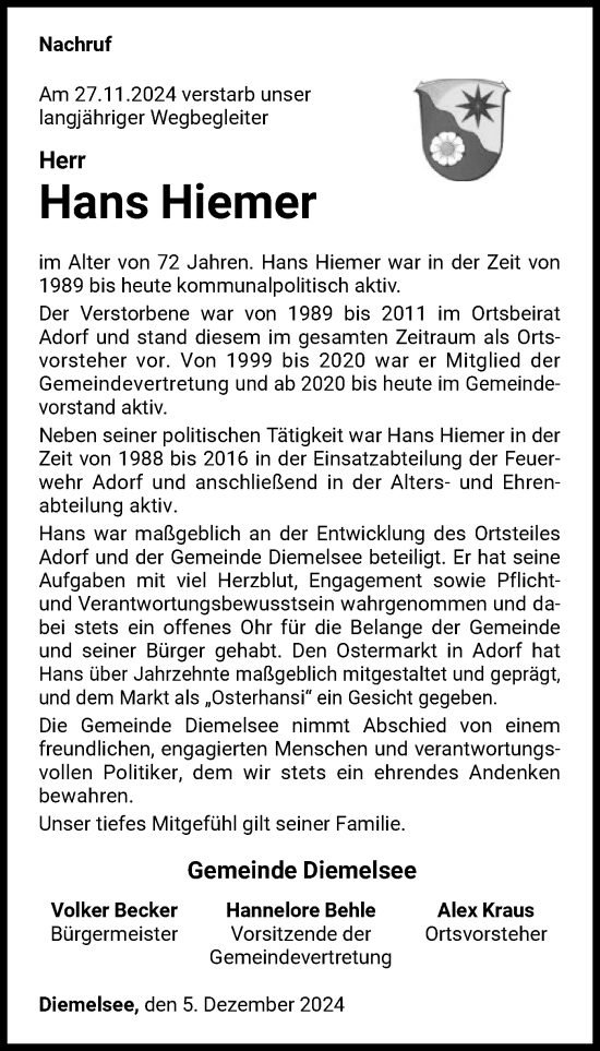 Traueranzeige von Hans Hiemer von WLZ