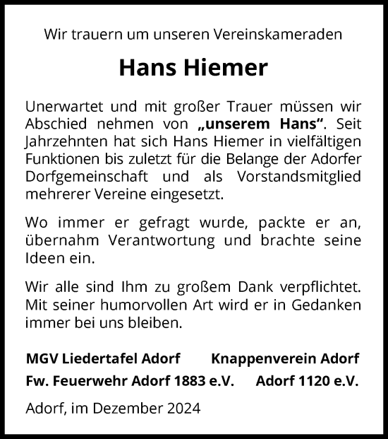 Traueranzeige von Hans Hiemer von WLZ