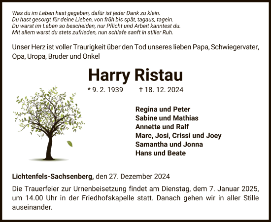 Traueranzeige von Harry Ristau von WLZHNA
