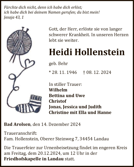 Traueranzeige von Heidi Hollenstein von WLZ