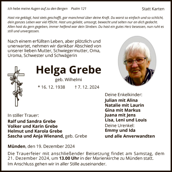 Traueranzeige von Helga Grebe von WLZ