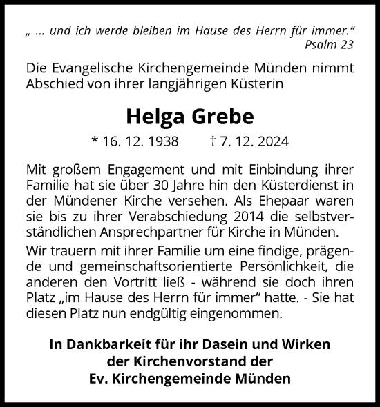 Traueranzeige von Helga Grebe von WLZ