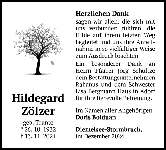 Traueranzeige von Hildegard Zölzer von WLZ