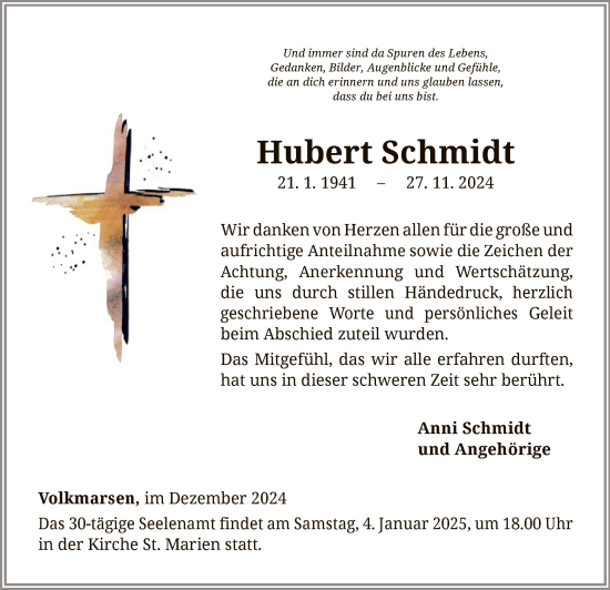 Traueranzeige von Hubert Schmidt von WLZ