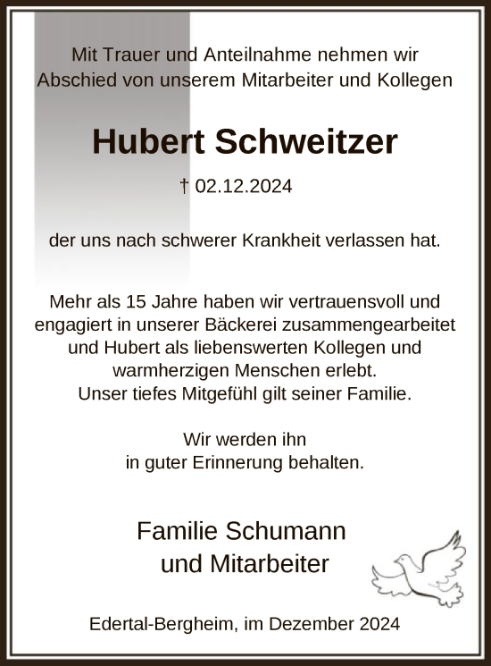 Traueranzeige von Hubert Schweitzer von WLZ