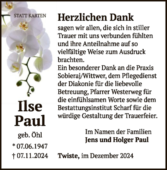 Traueranzeige von Ilse Paul von WLZ