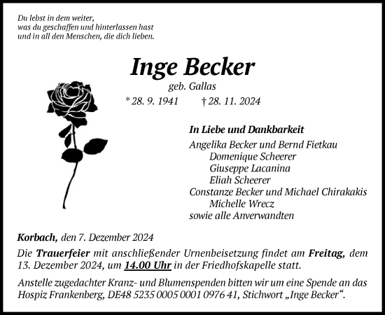 Traueranzeige von Inge Becker von WLZ