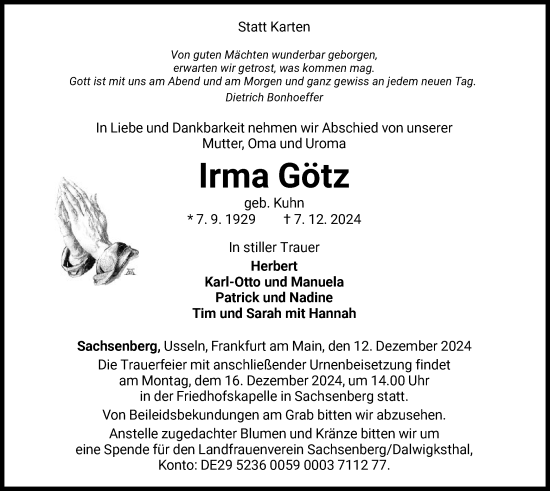 Traueranzeige von Irma Götz von WLZ