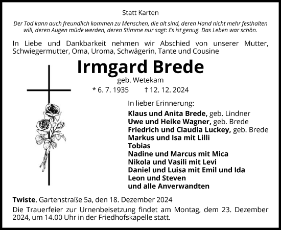 Traueranzeige von Irmgard Brede von WLZ