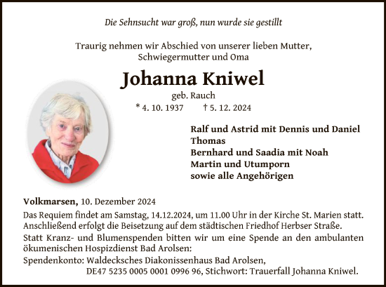 Traueranzeige von Johanna Kniwel von WLZ