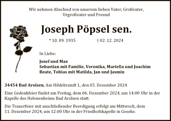 Traueranzeige von Joseph Pöpsel von WLZ