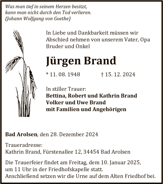 Traueranzeige von Jürgen Brand von WLZ