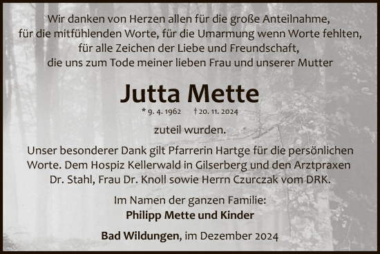 Traueranzeige von Jutta Mette von WLZ