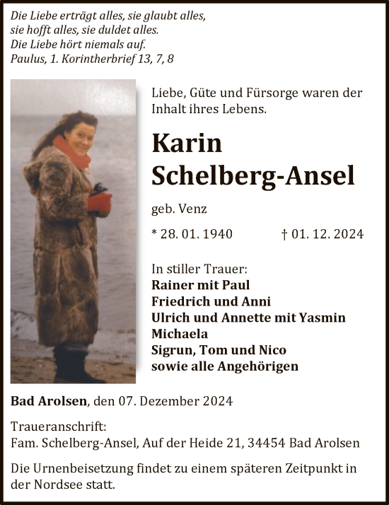 Traueranzeige von Karin Schelberg-Ansel von WLZ