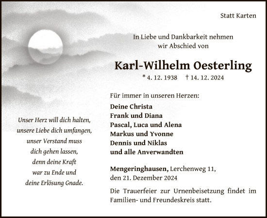 Traueranzeige von Karl-Wilhelm Oesterling von WLZ