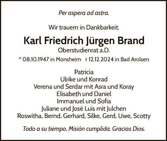 Traueranzeige von Karl Friedrich Jürgen Brand von WLZ