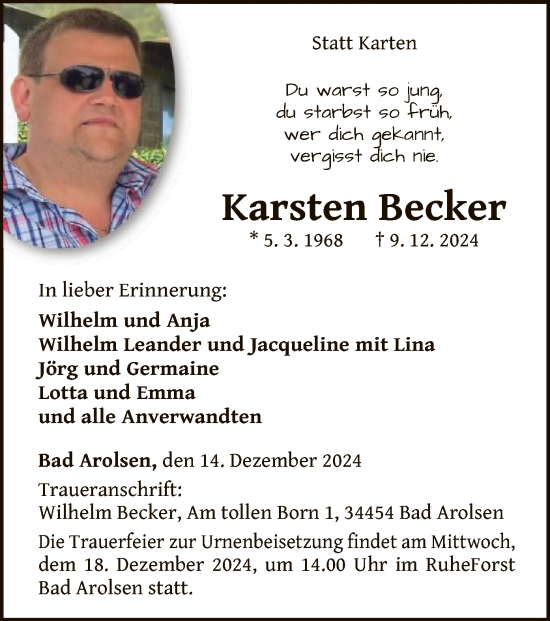 Traueranzeige von Karsten Becker von WLZ