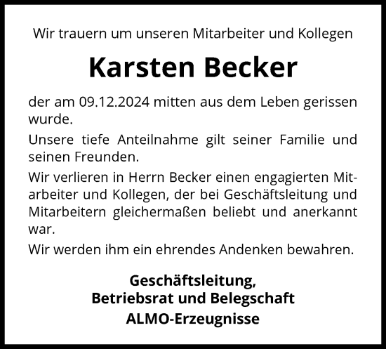 Traueranzeige von Karsten Becker von WLZ