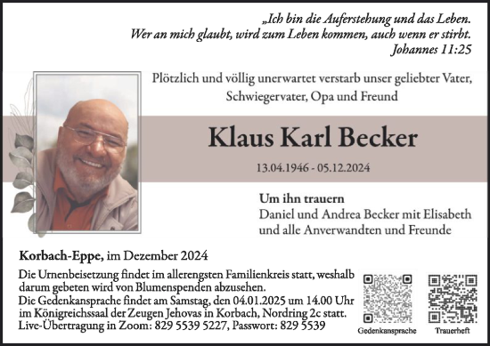 Traueranzeige von Klaus Karl Becker von WLZ