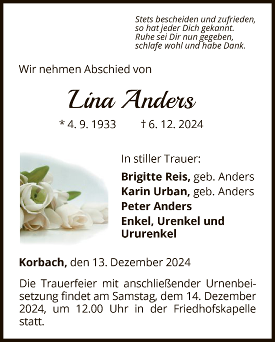 Traueranzeige von Lina Anders von WLZ