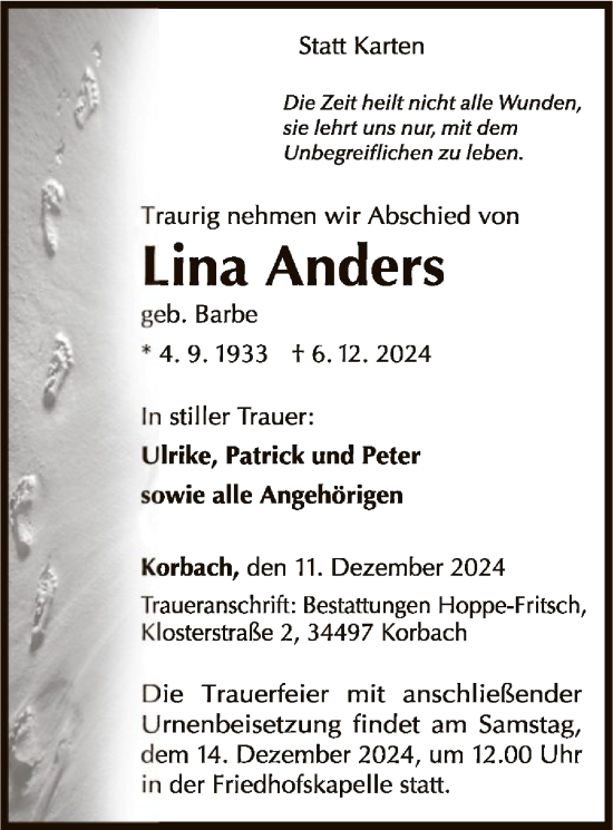 Traueranzeige von Lina Anders von WLZ