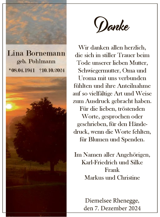 Traueranzeige von Lina Bornemann von WLZ