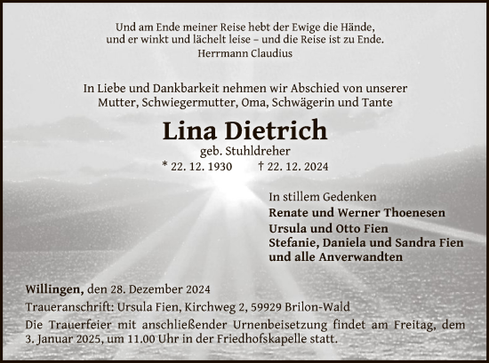 Traueranzeige von Lina Dietrich von WLZ