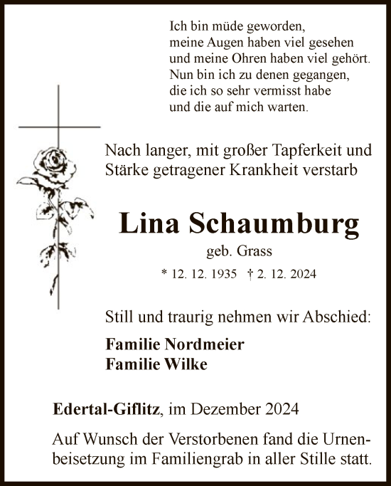 Traueranzeige von Lina Schaumburg von WLZ