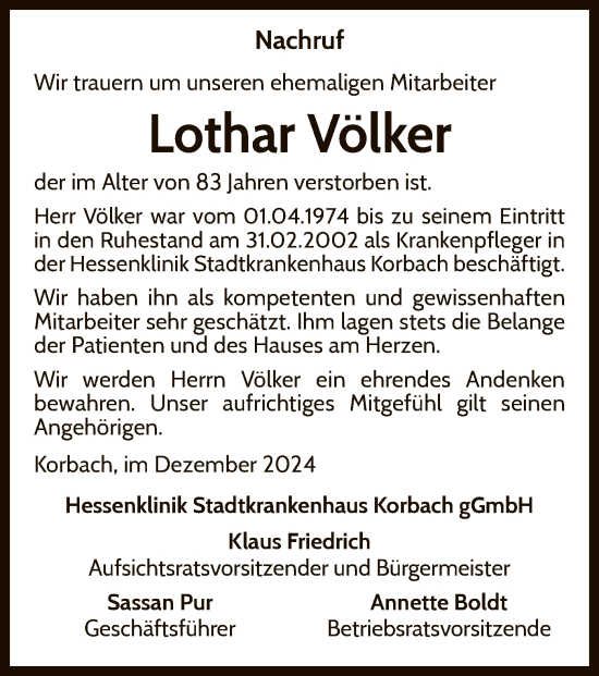 Traueranzeige von Lothar Völker von WLZ