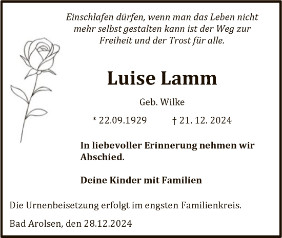 Traueranzeige von Luise Lamm von WLZ