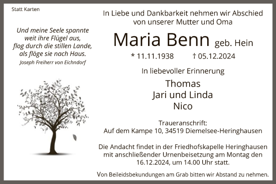 Traueranzeige von Maria Benn von WLZ