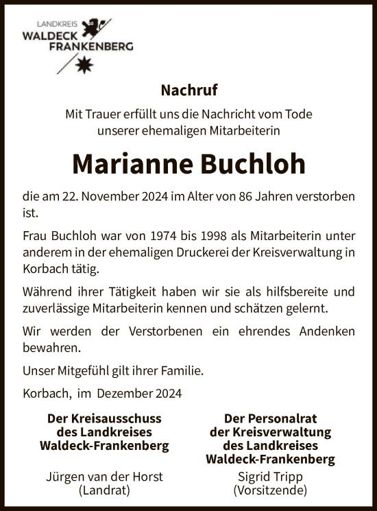 Traueranzeige von Marianne Buchloh von WLZ