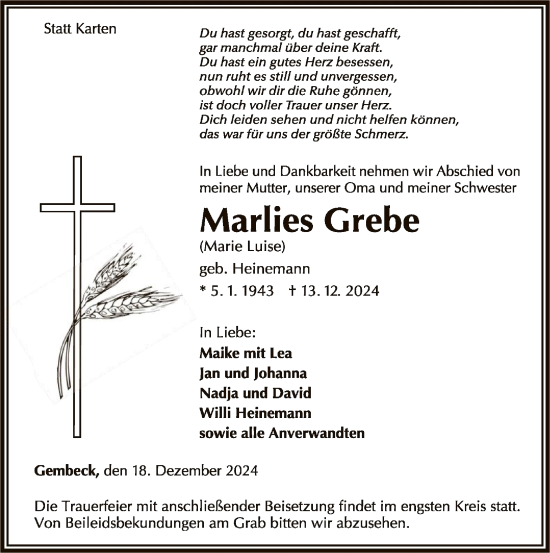 Traueranzeige von Marie Luise Grebe von WLZ