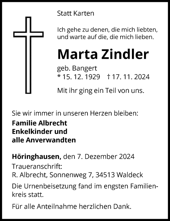 Traueranzeige von Marta Zindler von WLZ