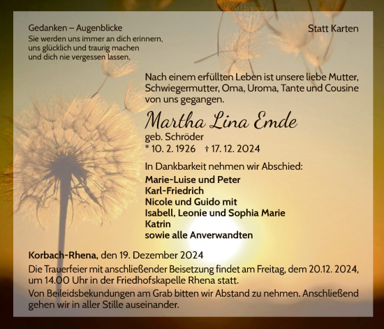 Traueranzeige von Martha Lina Emde von WLZ