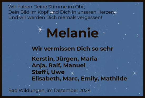 Traueranzeige von Melanie  von WLZ