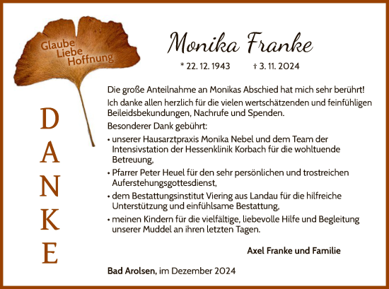 Traueranzeige von Monika Franke von WLZ