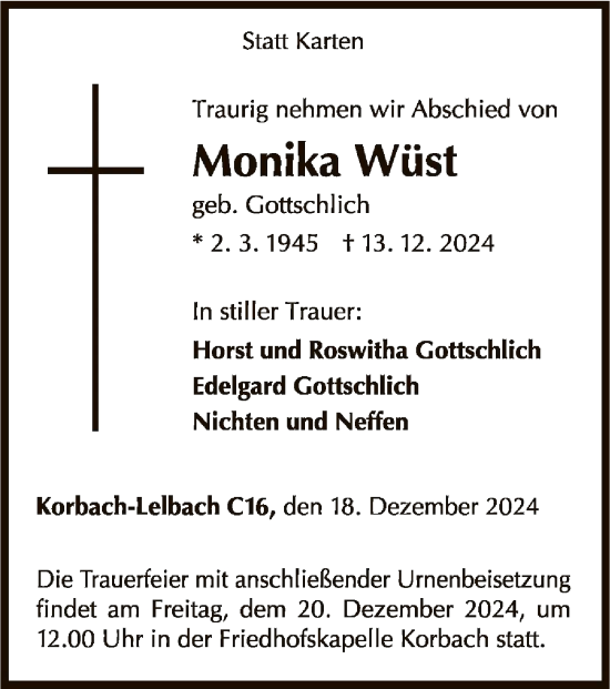 Traueranzeige von Monika Wüst von WLZ