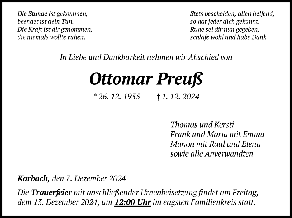  Traueranzeige für Ottomar Preuß vom 07.12.2024 aus WLZ