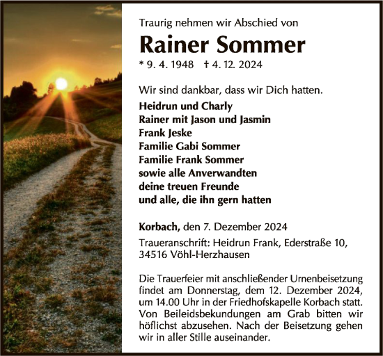 Traueranzeige von Rainer Sommer von WLZ