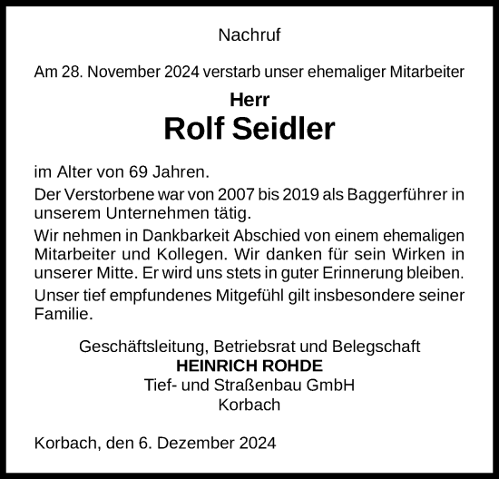 Traueranzeige von Rolf Seidler von WLZ