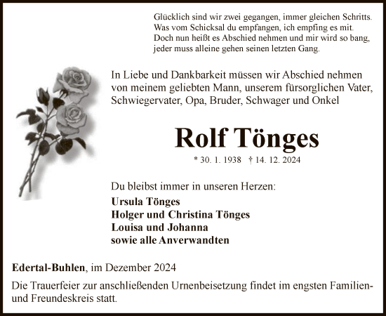 Traueranzeige von Rolf Tönges von WLZ