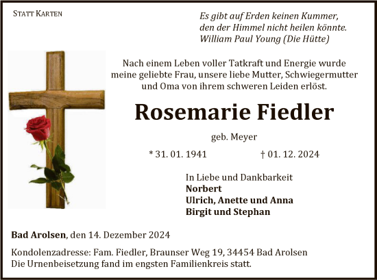 Traueranzeige von Rosemarie Fiedler von WLZ