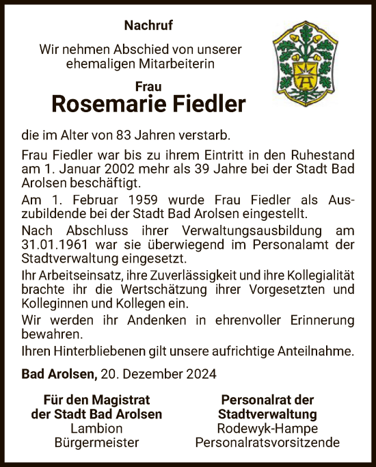 Traueranzeige von Rosemarie Fiedler von WLZ