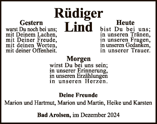 Traueranzeige von Rüdiger Lind von WLZ